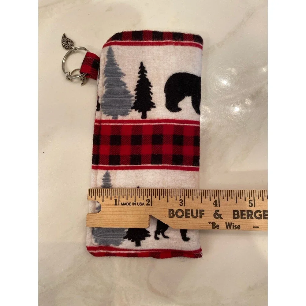 Eyeglass Case Distressed Flannel‎ Look w/  Leaf & Moon Charms on Keyring Plaid